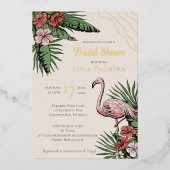 熱帯フローラフラミンゴアイボリーブライダルシャワー金ゴールド 箔招待状 (正面)
