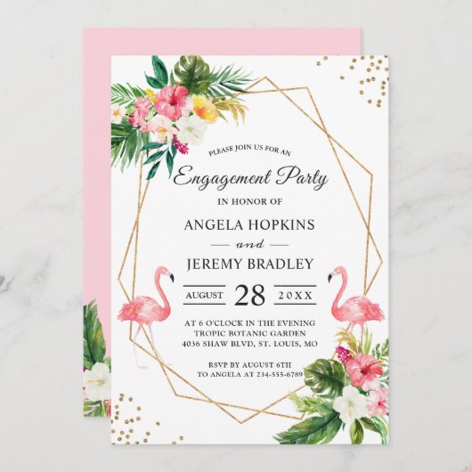 熱帯フローラフラミンゴサマー婚約パーティ 招待状 (正面/裏面)