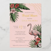 熱帯フローラフラミンゴサンゴブライダルシャワー金ゴールド 箔招待状 (正面)