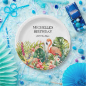 熱帯フローラフラミンゴハッピーバースデー名 ペーパープレート (パーティー)