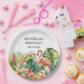 熱帯フローラフラミンゴハッピーバースデー名 ペーパープレート (パーティー)