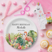 熱帯フローラフラミンゴハッピーバースデー名 ペーパープレート (パーティー)