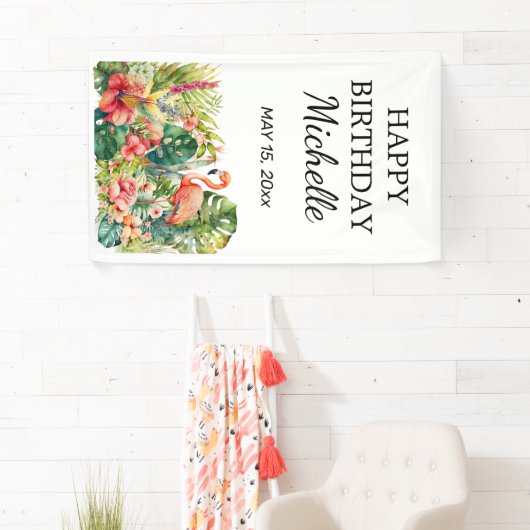 熱帯フローラフラミンゴハッピーバースデー名 横断幕 (インサイチュ)