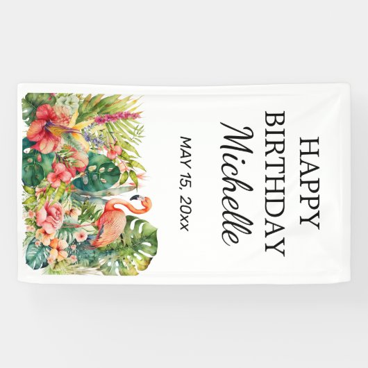 熱帯フローラフラミンゴハッピーバースデー名 横断幕 (横)
