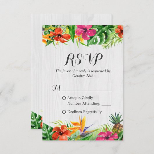熱帯フローラフラミンゴ素朴ウッドウェディングRSVP 出欠カード (正面/裏面)