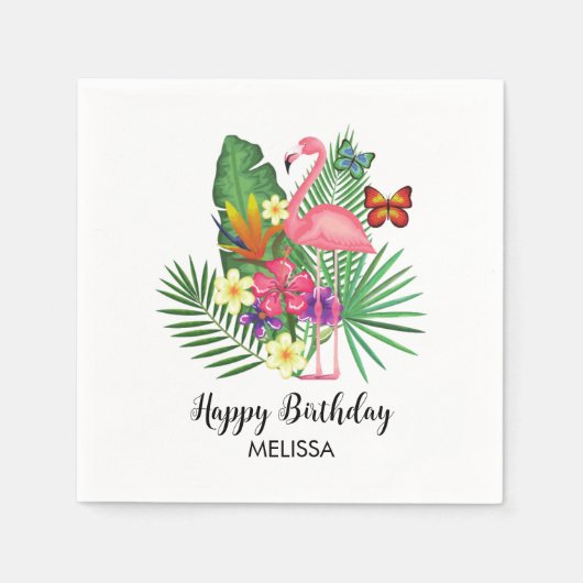 熱帯フローラフラミンゴ蝶誕生日 スタンダードカクテルナプキン (正面)