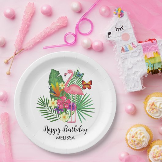 熱帯フローラフラミンゴ蝶誕生日 ペーパープレート (パーティー)