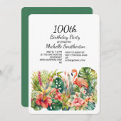熱帯フローラフラミンゴ100誕生日 招待状 (正面/裏面)