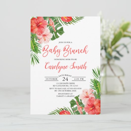 熱帯フローラフレームウォーター色ベビーブランチ 招待状 (スタンド正面)