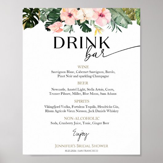 熱帯フローラブライダルシャワードリンクのメニューサイン ポスター (正面)