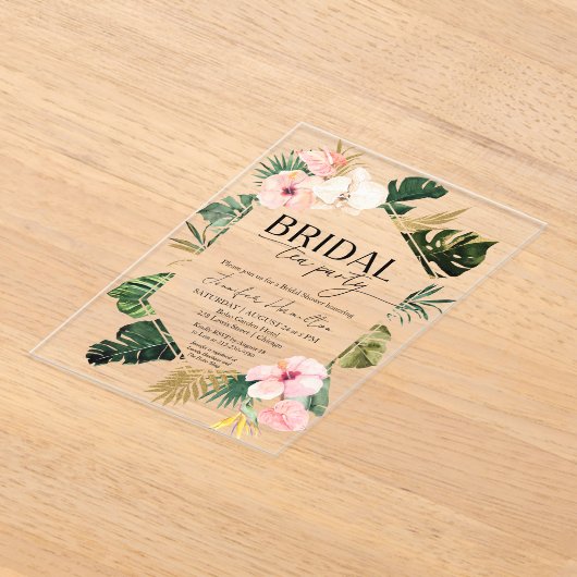 熱帯フローラブライダル茶パーティーブライダルシャワー アクリル招待状 (レイダウン)