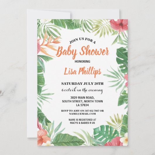 熱帯フローラベビーシャワーアロハ招待状パーティー 招待状 (正面)