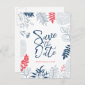 熱帯フローラモダンフレ結婚ームタイポグラフィ 案内ポストカード (正面/裏面)