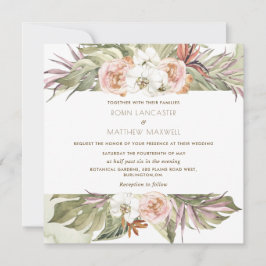 熱帯フローラヤシの葉、緑の結婚正方形 招待状