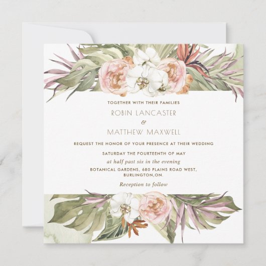 熱帯フローラヤシの葉、緑の結婚正方形 招待状