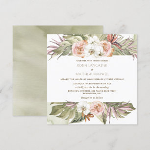 熱帯フローラヤシの葉、緑の結婚正方形 招待状