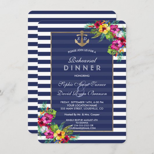熱帯フローラルアウ(ハワイ式宴会)ネイビーストライプズのリハーサルディナー 招待状 (正面/裏面)