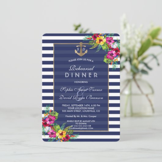 熱帯フローラルアウ（ハワイ式宴会）ネイビーストライプズのリハーサルディナー 招待状 (スタンド正面)