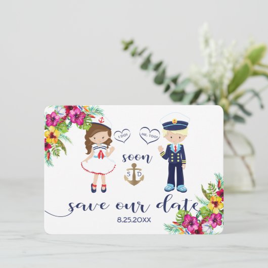 熱帯フローラルアウ(ハワイ式宴会)ネイビーストライプズの日付を保存 セーブザデート (スタンド正面)