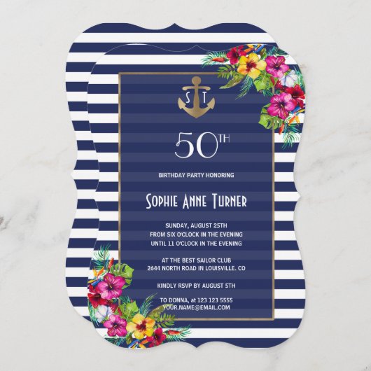 熱帯フローラルアウ(ハワイ式宴会)ネイビーストライプバースデーパーティー 招待状 (正面/裏面)