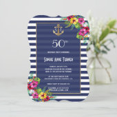 熱帯フローラルアウ(ハワイ式宴会)ネイビーストライプバースデーパーティー 招待状 (スタンド正面)