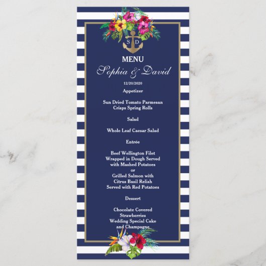 熱帯フローラルアウ(ハワイ式宴会)ネイビーブルーストライプメニュー メニュー (正面)