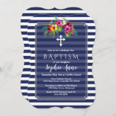 熱帯フローラルアウ（ハワイ式宴会）ネイビーブルーバプテスマ招待状 招待状 (正面/裏面)