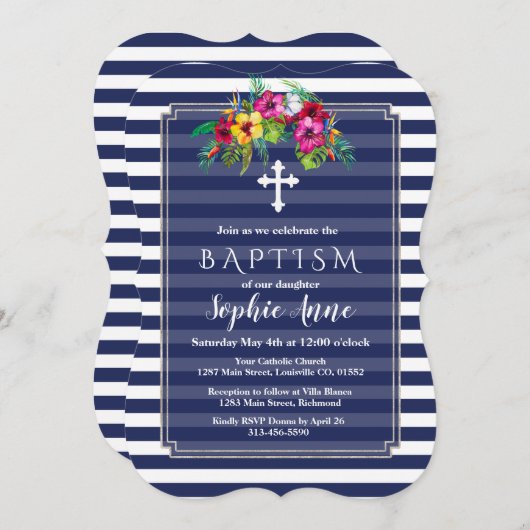 熱帯フローラルアウ（ハワイ式宴会）ネイビーブルーバプテスマ招待状 招待状 (正面/裏面)