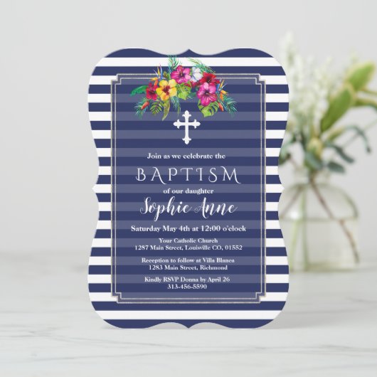 熱帯フローラルアウ（ハワイ式宴会）ネイビーブルーバプテスマ招待状 招待状 (スタンド正面)