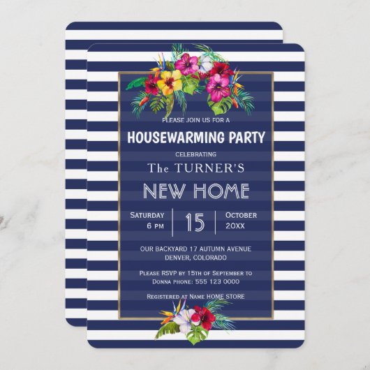 熱帯フローラルアウ(ハワイ式宴会)ネイビーブルー引っ越し祝いパーティーパーティー 招待状 (正面/裏面)
