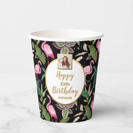 熱帯フローラルアウ（ハワイ式宴会）、フラミンゴス、誕生日写真 紙コップ (正面)