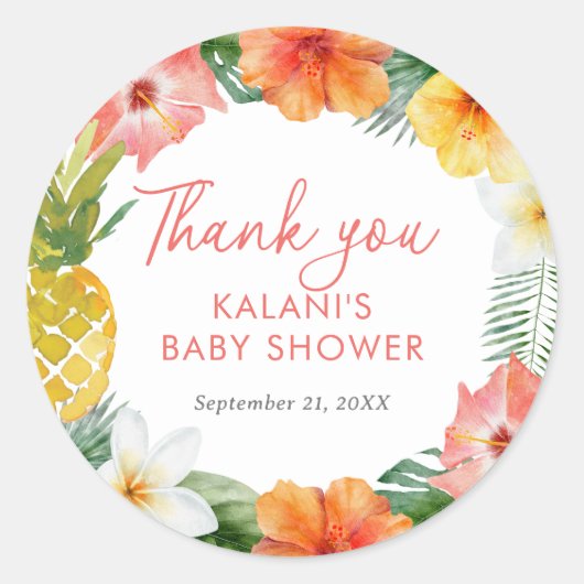 熱帯フローラルアウ(ハワイ式宴会)ベビーシャワー ラウンドシール (正面)