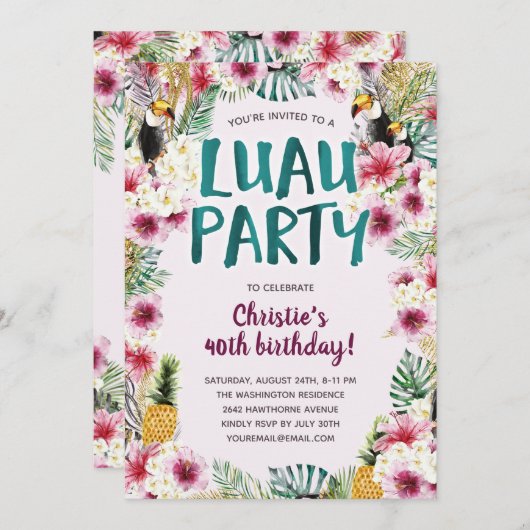 熱帯フローラルアウ（ハワイ式宴会）誕生会 招待状 (正面/裏面)