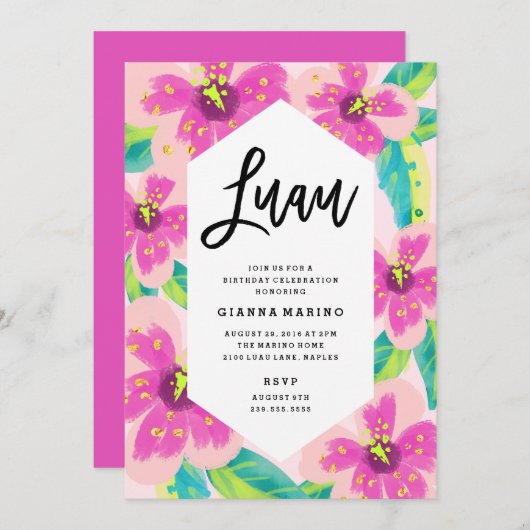 熱帯フローラルアウ（ハワイ式宴会）誕生日招待状 招待状 (正面/裏面)