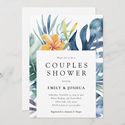 熱帯フローラ夏の水の色のカップルのシャワー 招待状 (正面/裏面)