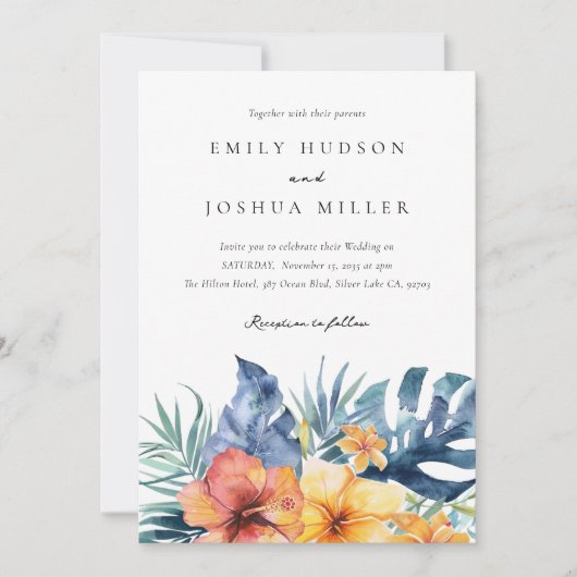 熱帯フローラ夏のQR写真結婚ズ 招待状 (正面)