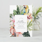 熱帯フローラ植物性オウムWht 1st誕生日 招待状 (スタンド正面)