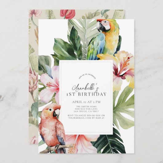 熱帯フローラ植物性オウムWht 1st誕生日 招待状 (正面/裏面)