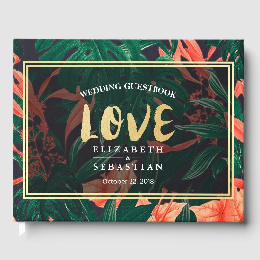 熱帯フローラ植物金ゴールドフレーム結婚ズゲストブック ゲストブック (正面)