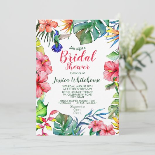 熱帯フローラ水彩ブライダルシャワー招待状 招待状 (スタンド正面)