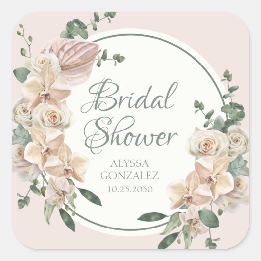 熱帯フローラ水彩ブライダルシャワー スクエアシール (正面)