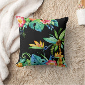 熱帯フローラ水彩ブラック クッション (ブランケット)