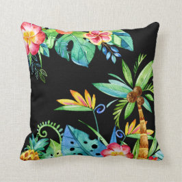 熱帯フローラ水彩ブラック クッション