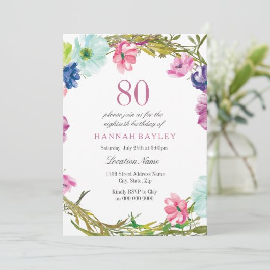 熱帯フローラ水彩第80誕生日招待状 招待状 (スタンド正面)