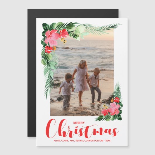 熱帯フローラ水色クリスマス磁気カード マグネット招待状 (正面/裏面)