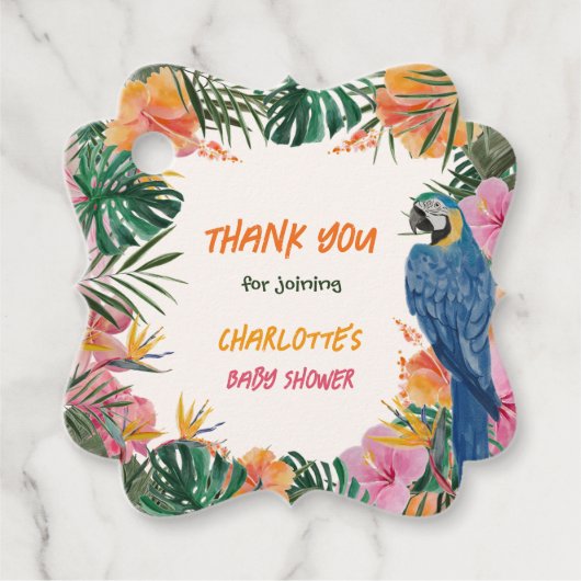 熱帯フローラ水色ジャングルベビーシャワー フェイバータグ (正面)