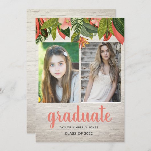 熱帯フローラ白レンガ数々の写真卒業 招待状 (正面/裏面)