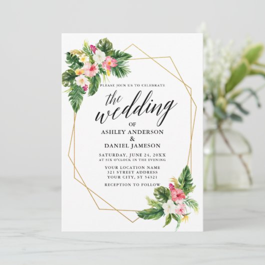 熱帯フローラ結婚の書道金ゴールド枠 招待状 (スタンド正面)