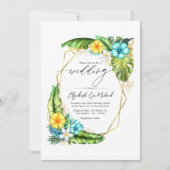 熱帯フローラ結婚幾何学模様の写真とQRコード 招待状 (正面)