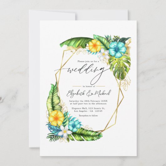 熱帯フローラ結婚幾何学模様の写真とQRコード 招待状 (正面)